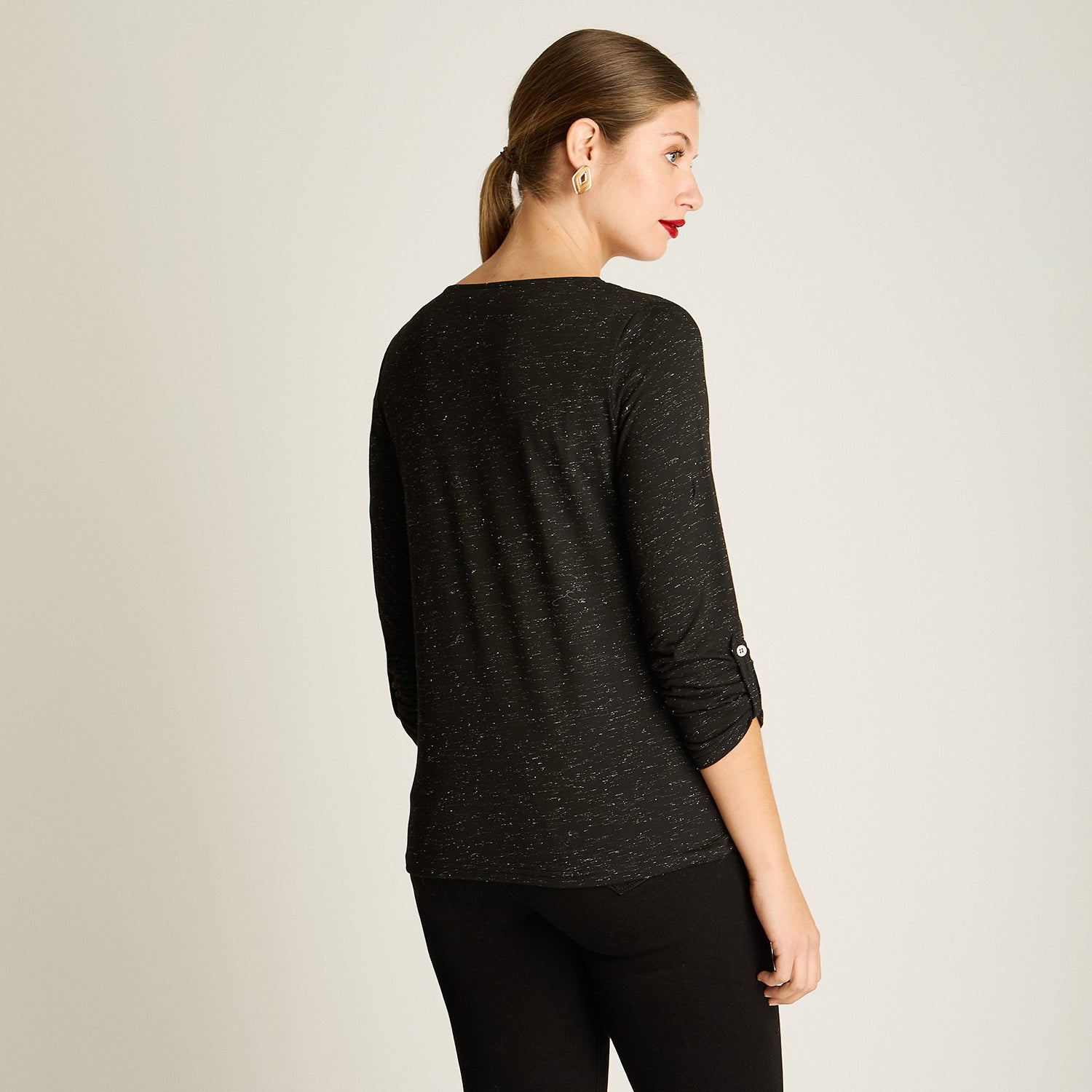 Polera Negro Manga Larga Elasticidad Media Sin Forro Calce Normal Tela Punto