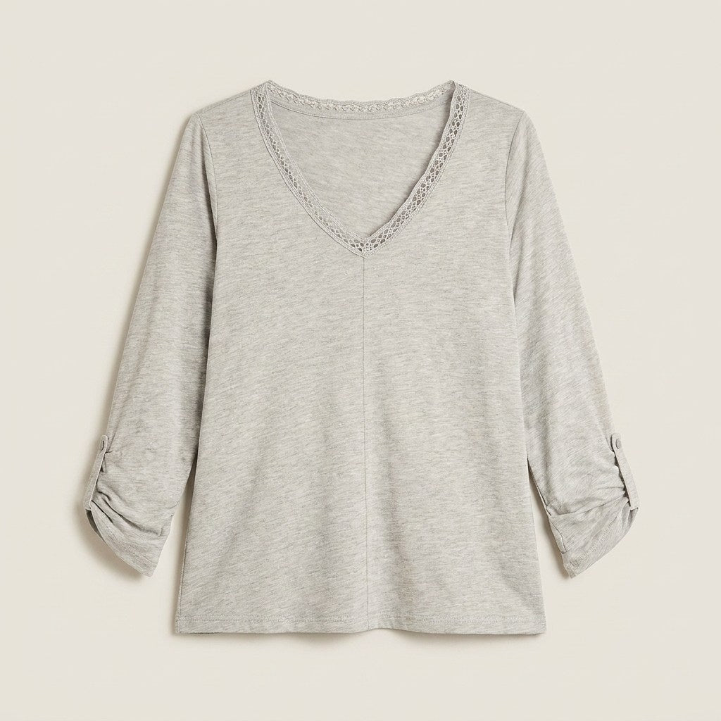 Polera Gris Manga Larga Roll Up con Cuello V y Aplicaciones en plano