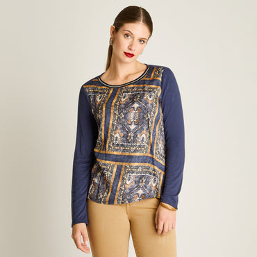 Polera Azul Manga Larga Elasticidad Media Sin Forro Calce Normal Tela Punto Y Plano