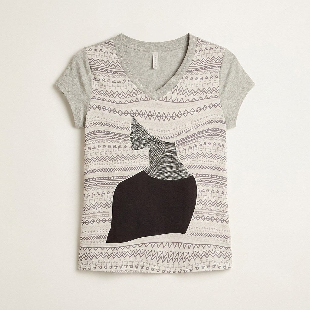 Polera Gris Mix Fabric con Print Frontal y Cuello con Lúrex en plano