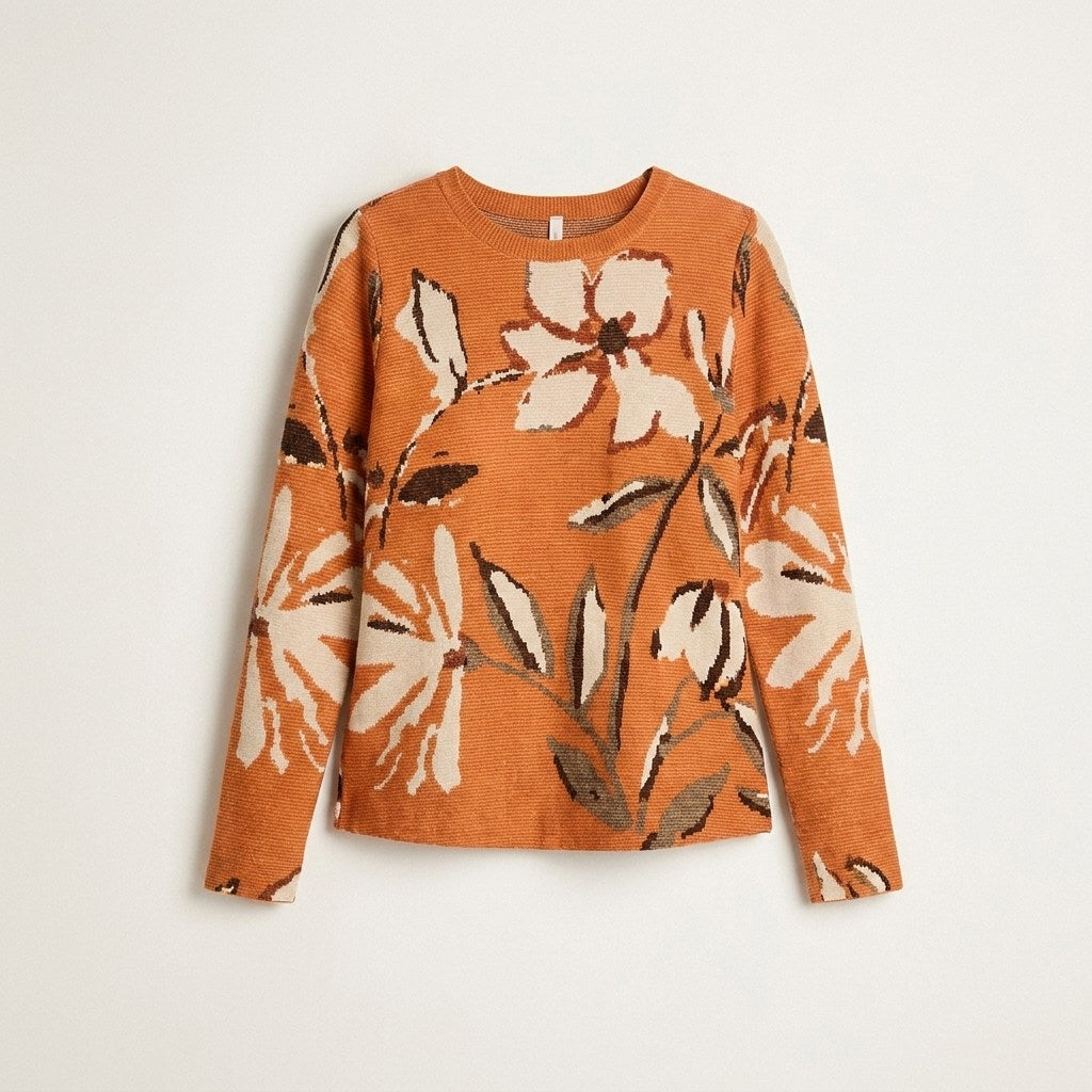 Polera Terracota Lanilla Gruesa Manga Larga Estampada en plano