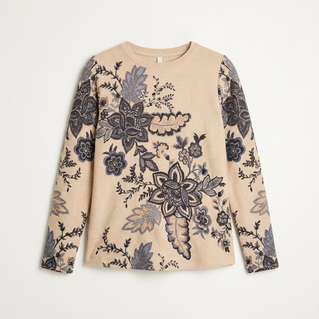 Polera Beige Lanilla Gruesa Manga Larga Estampada en plano
