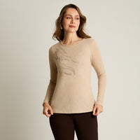 Polera Beige Manga Larga Elasticidad Media Sin Forro Calce Normal Tela Punto