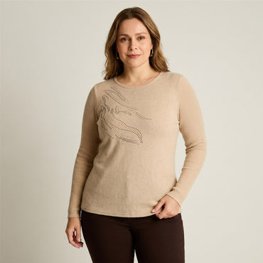 Polera Beige de Lanilla con Detalle de Strass en modelo plus size
