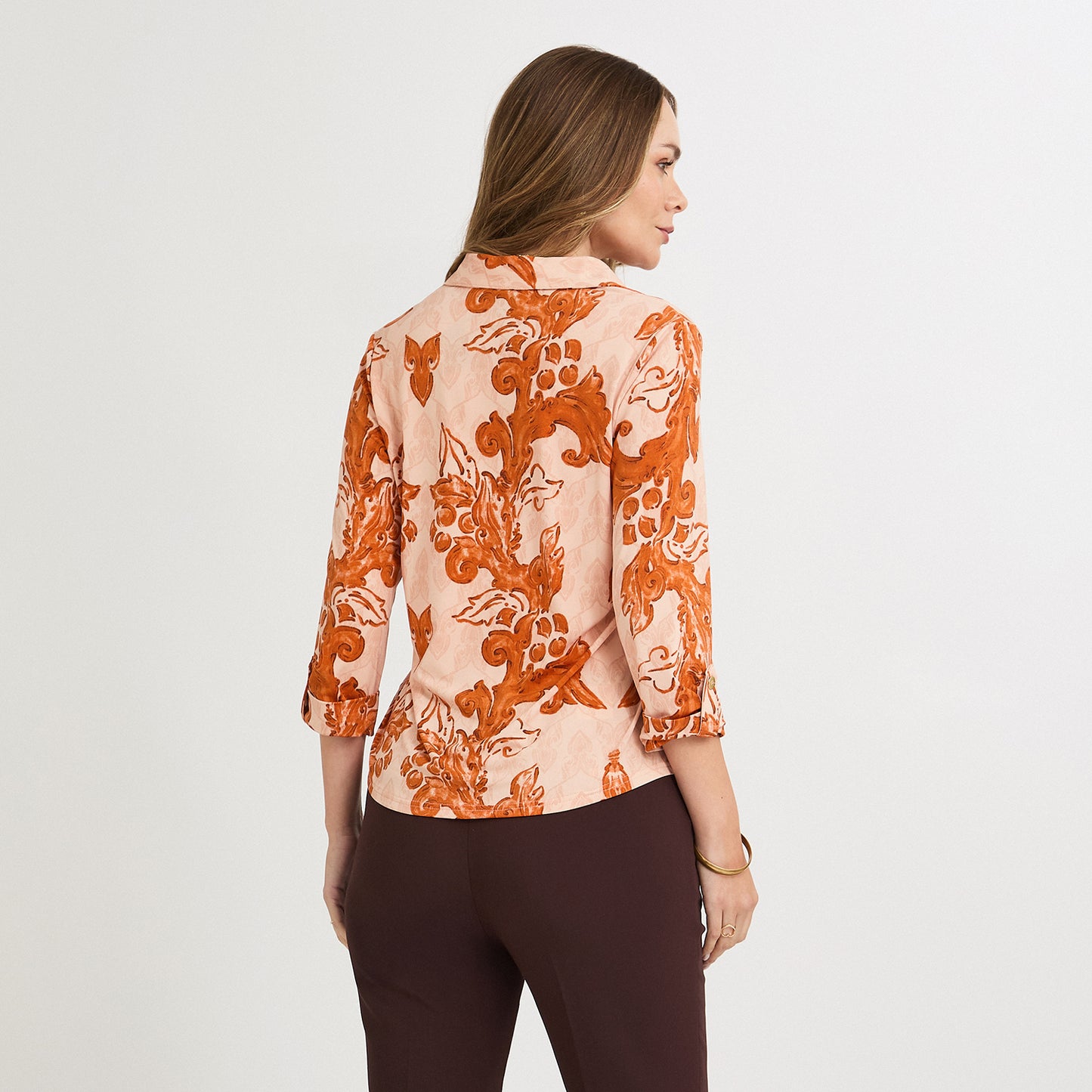 Polera Manga 3/4 Cuello Camisero Estampada Terracota