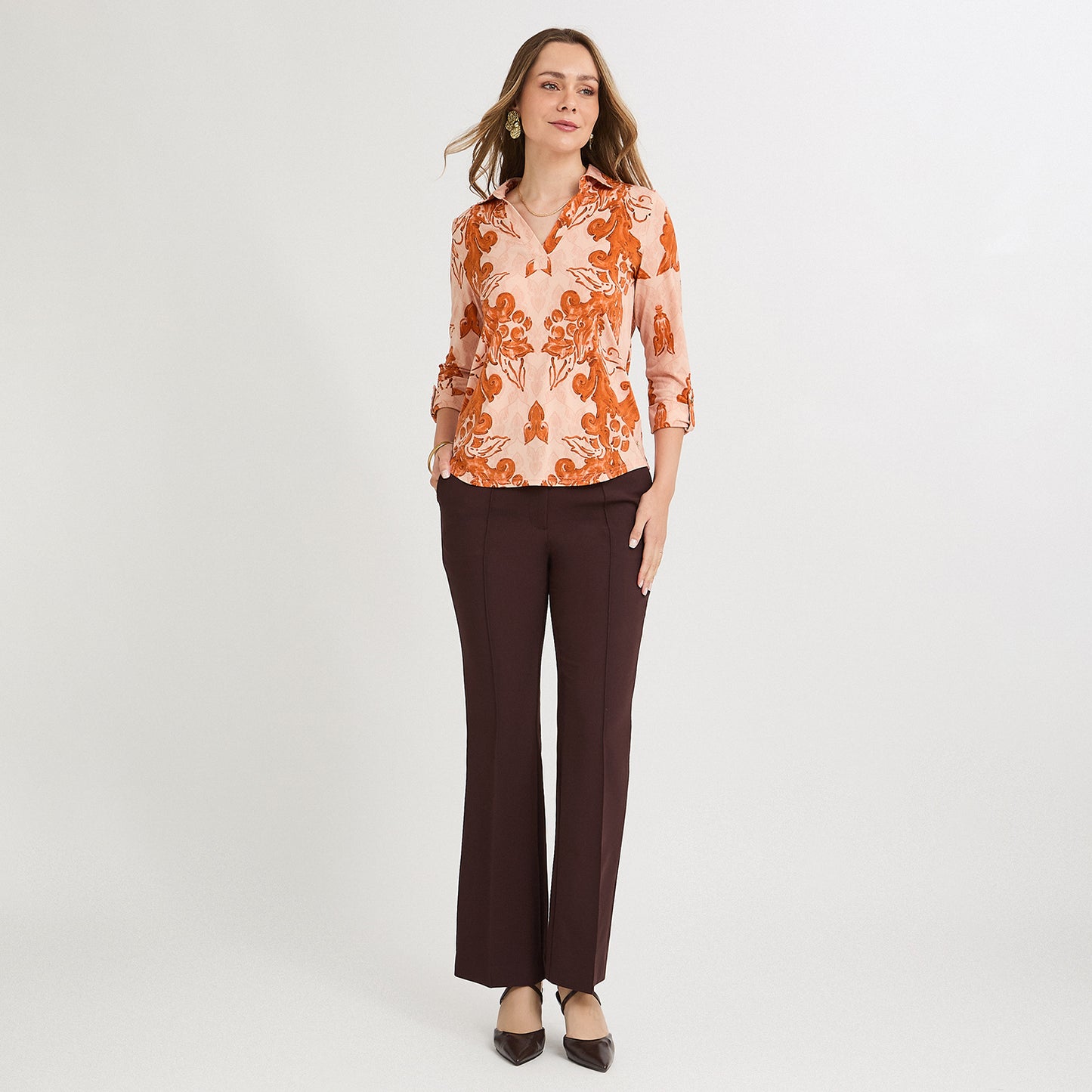 Polera Manga 3/4 Cuello Camisero Estampada Terracota