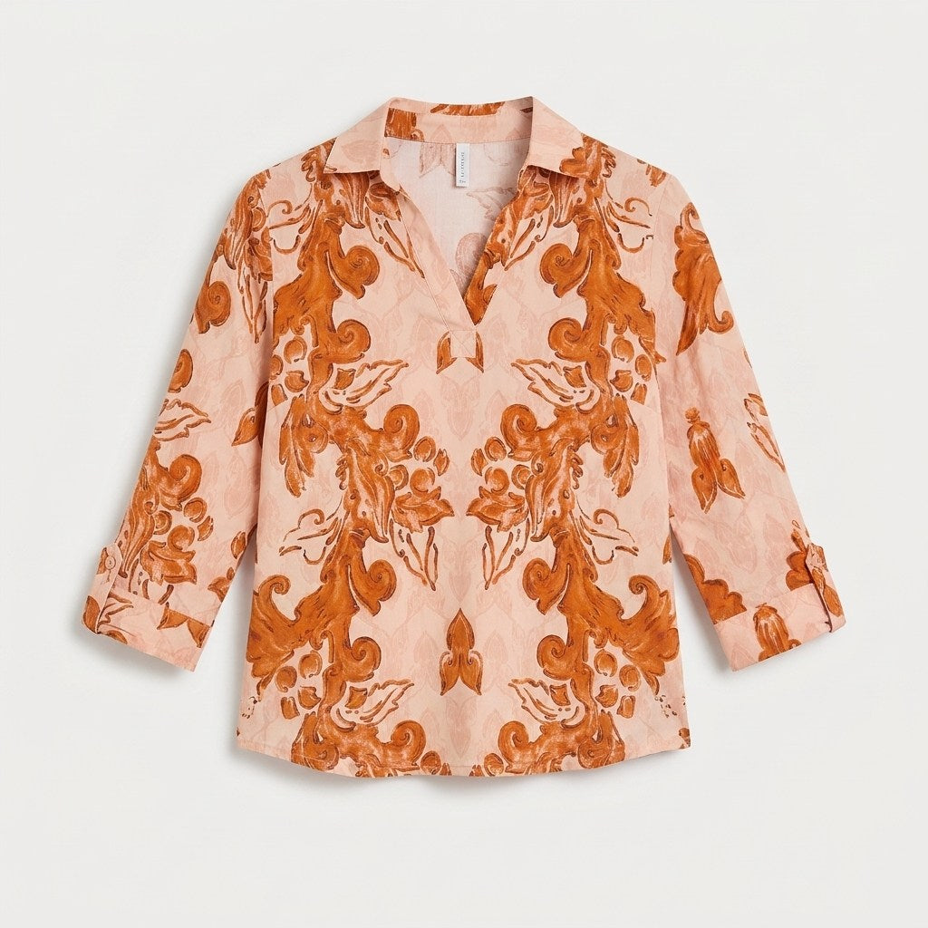 Polera Manga 3/4 Cuello Camisero Estampada Terracota en plano