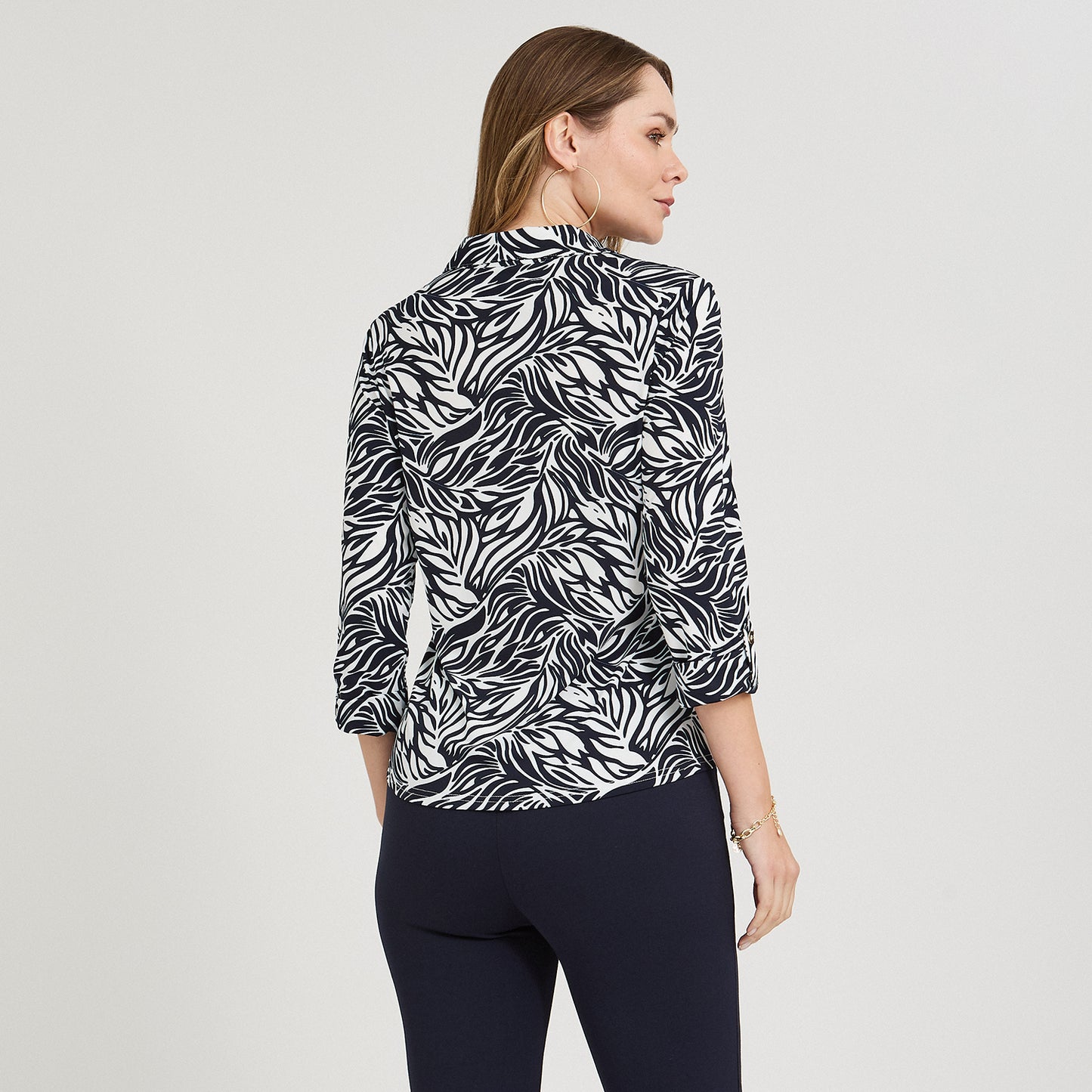 Polera Manga 3/4 Cuello Camisero Estampada Azul