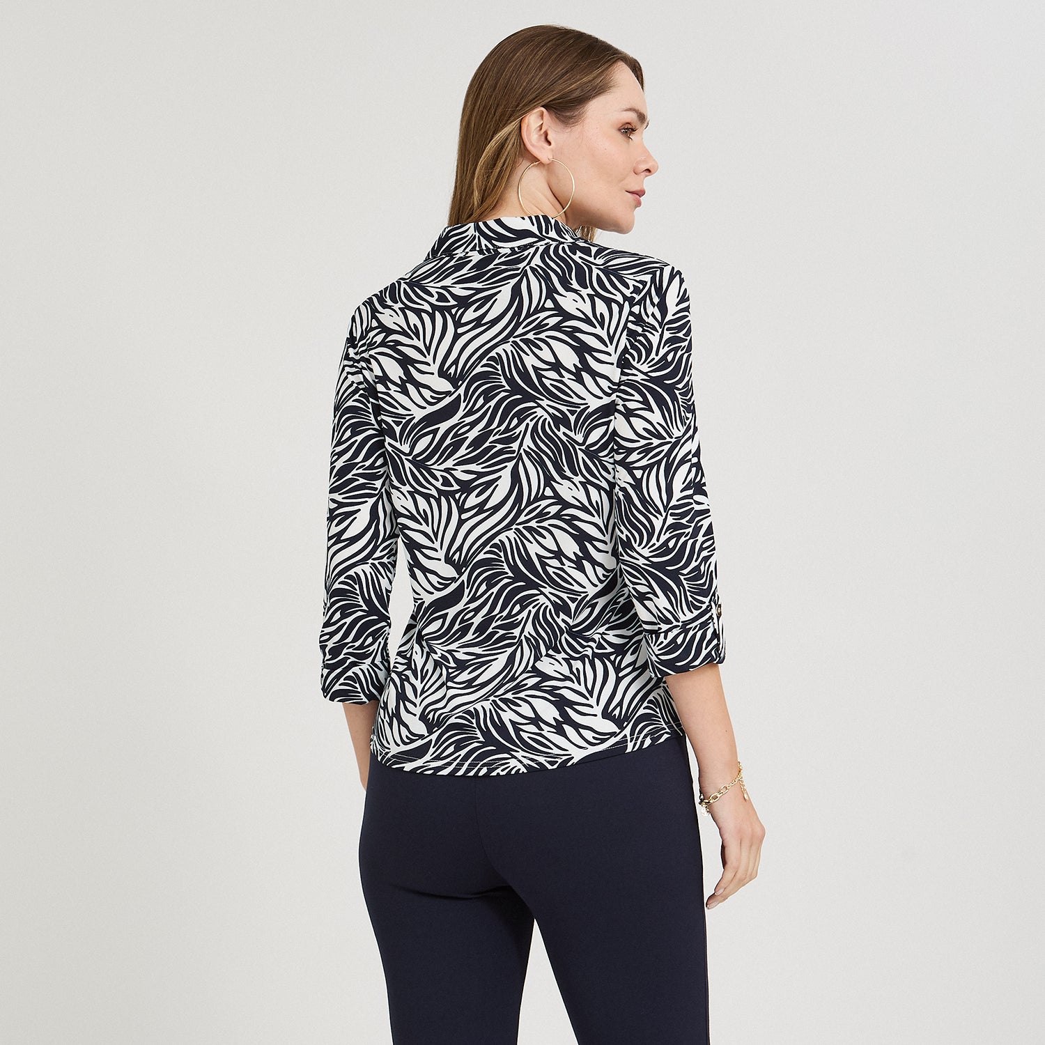 Polera Manga 3/4 Cuello Camisero Estampada Azul