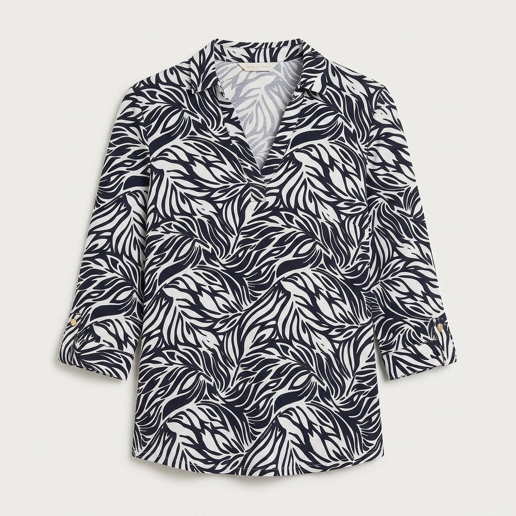 Polera Manga 3/4 Cuello Camisero Estampada Azul en plano