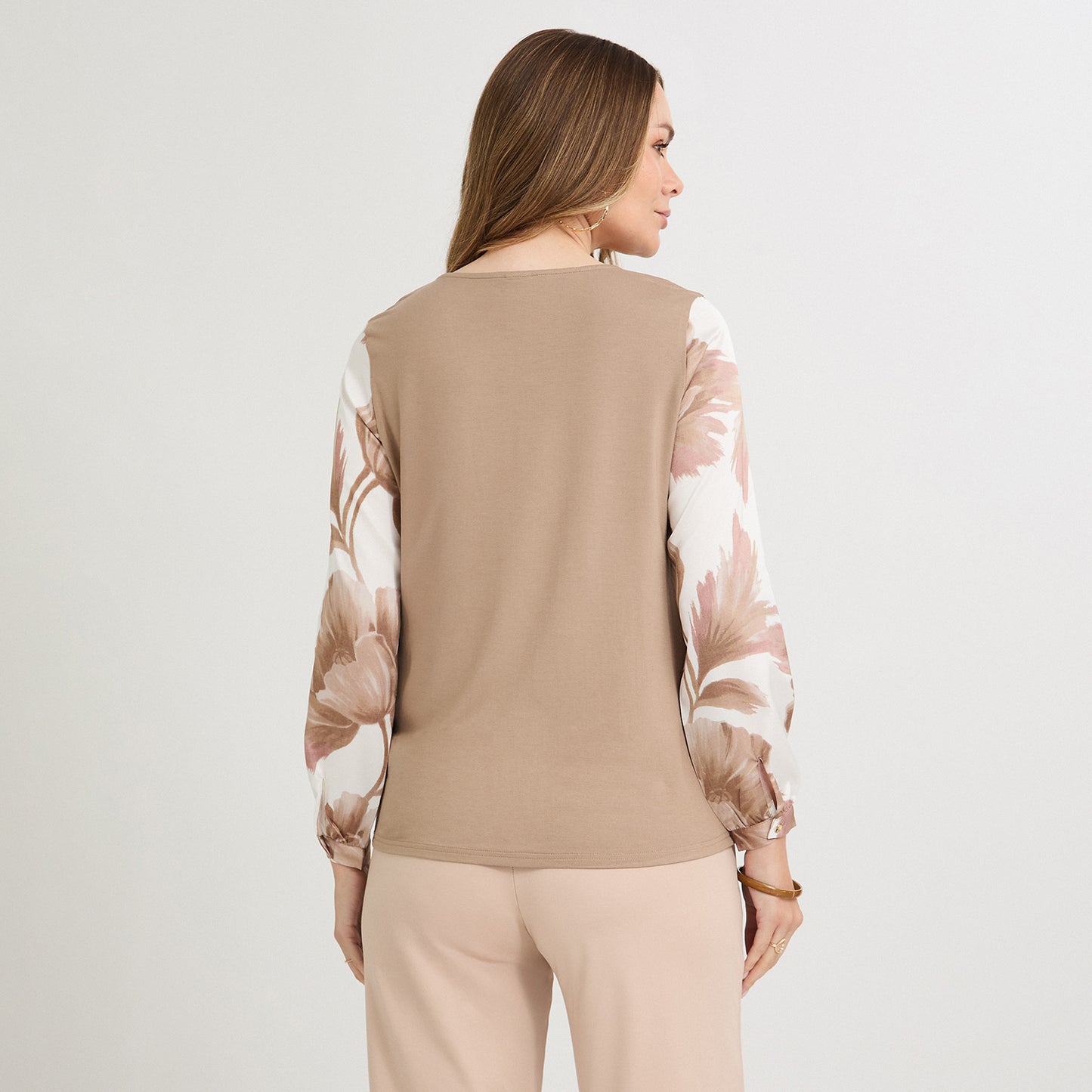 Polera Mix Fabric Print Frontal Beige
