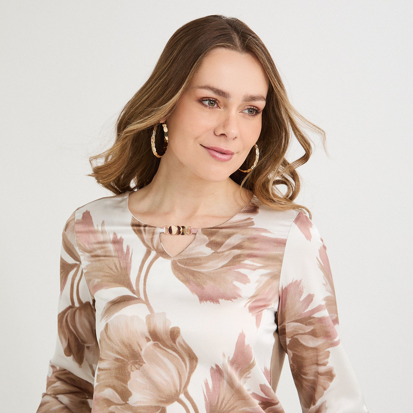 Polera Mix Fabric Print Frontal Beige