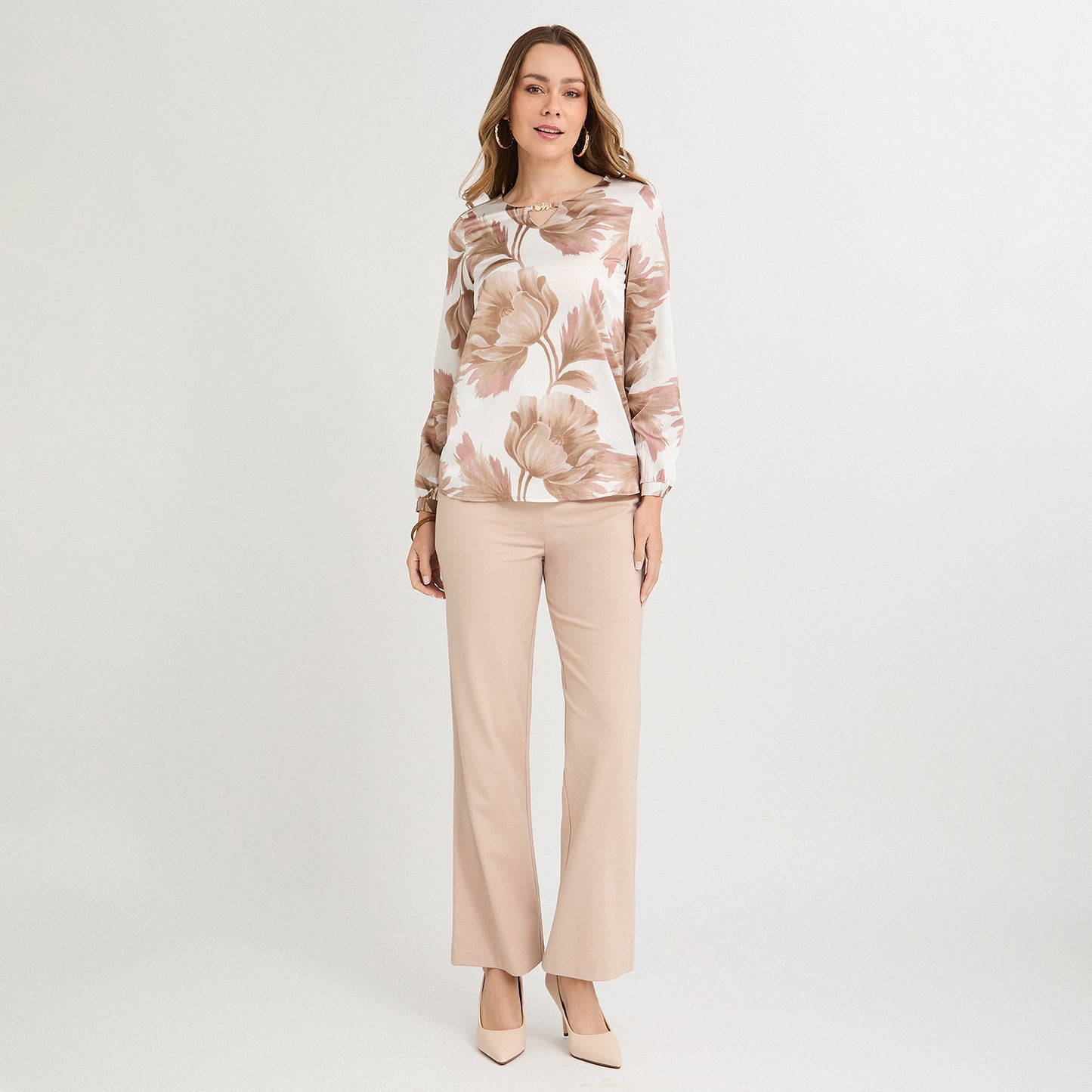 Polera Mix Fabric Print Frontal Beige
