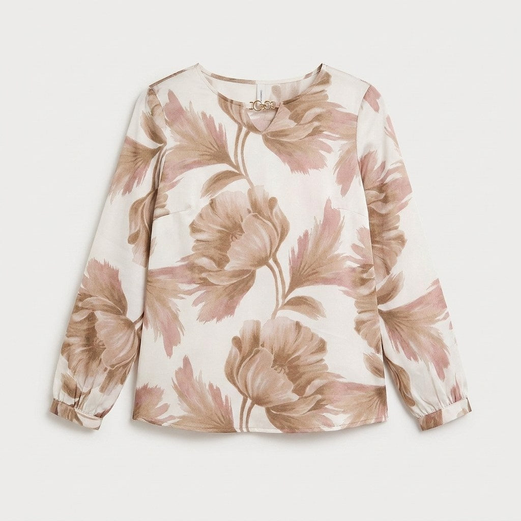 Polera Mix Fabric Print Frontal Beige en plano