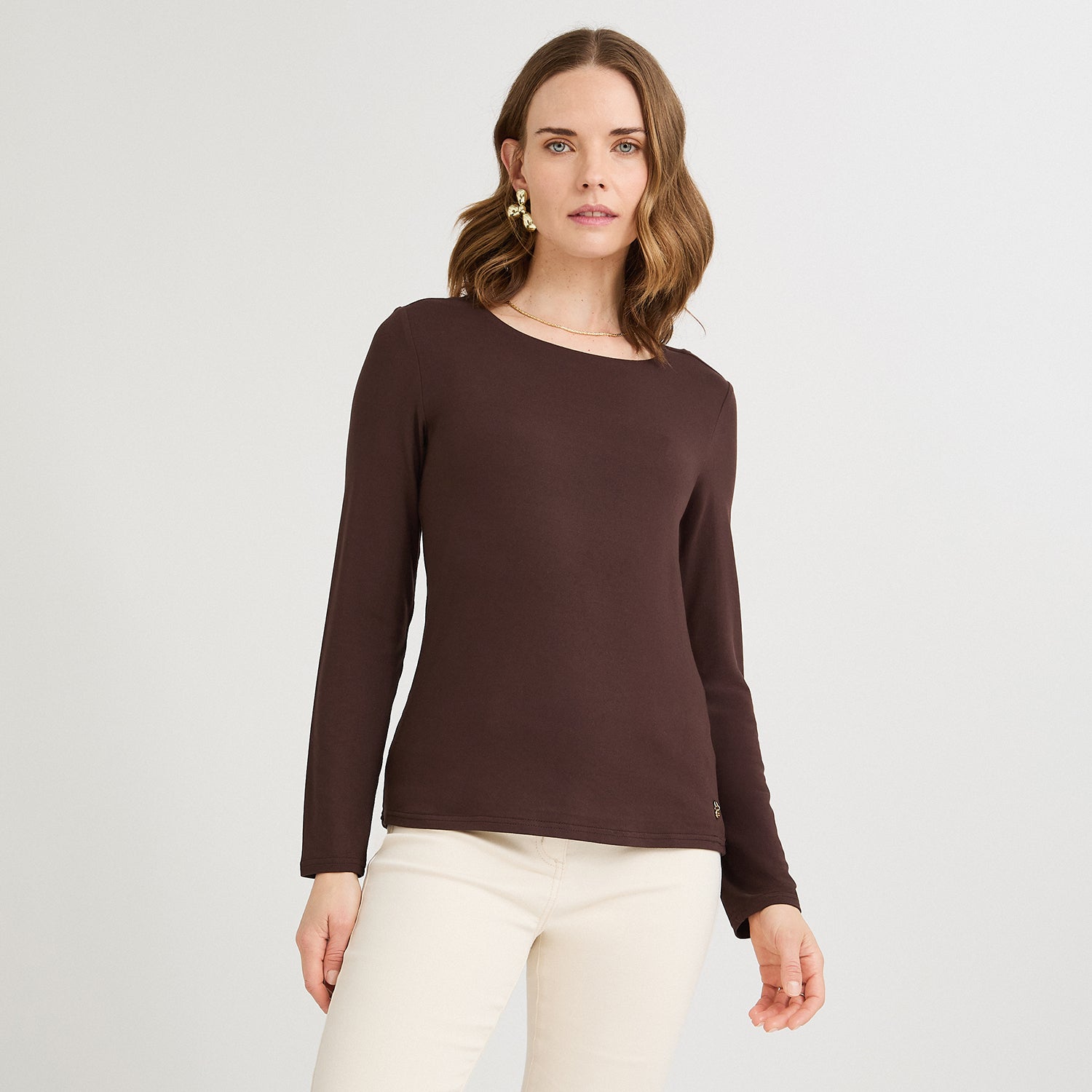 Polera Escote Redondo Lisa Básica Café