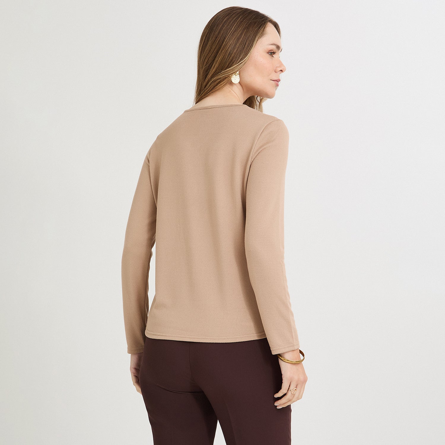Polera Lanilla Bloqus de Color con Strass Café