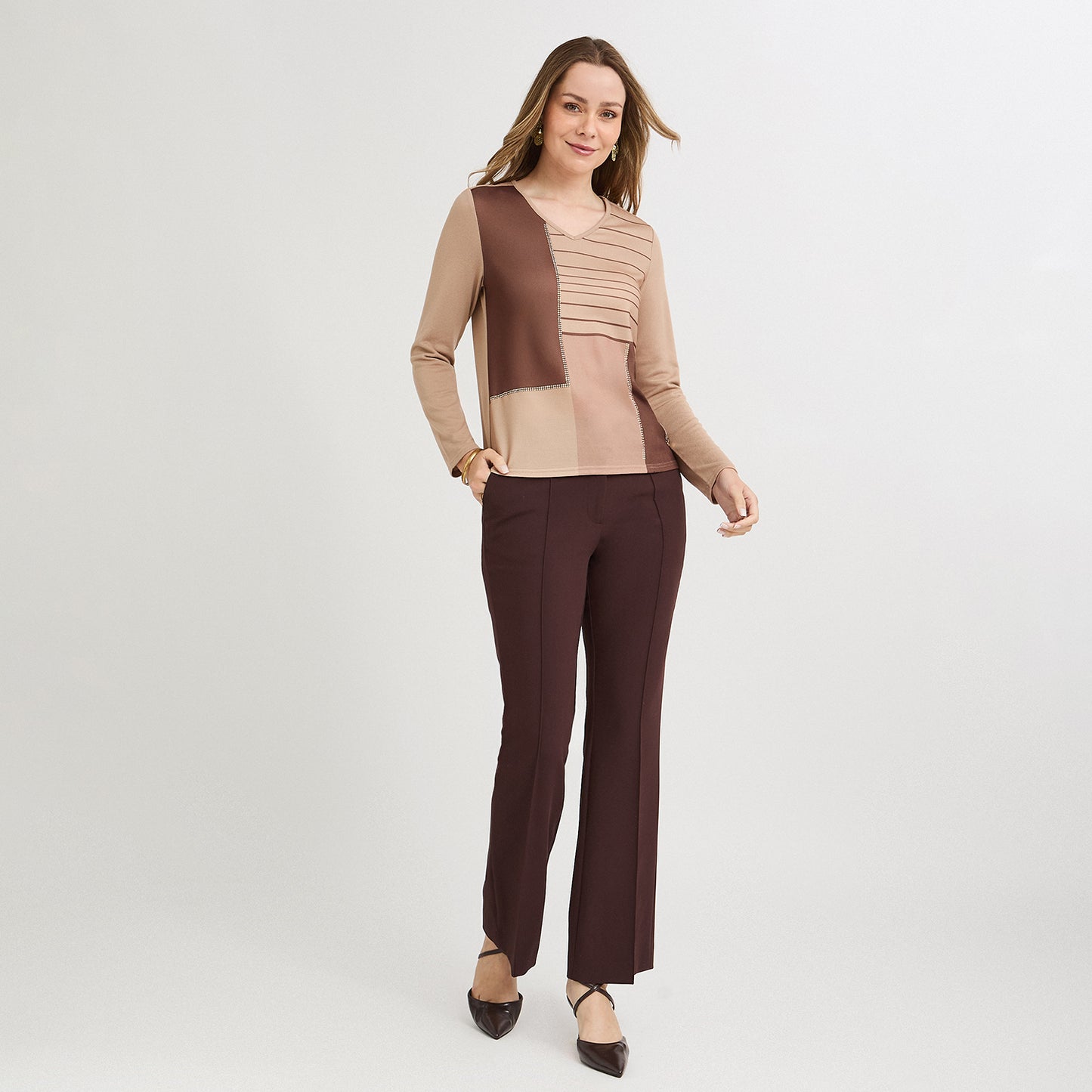 Polera Lanilla Bloqus de Color con Strass Café