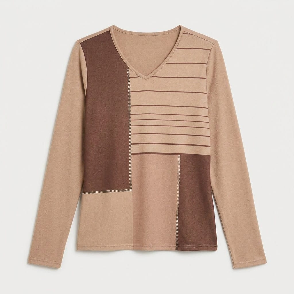 Polera Lanilla Bloques de Color con Strass Café en plano