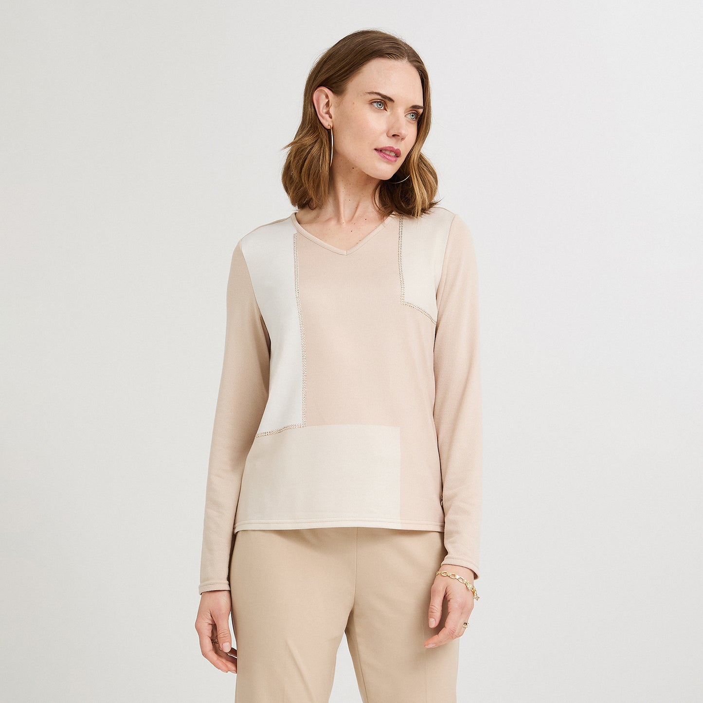 Polera Lanilla Bloqus de Color con Strass Beige