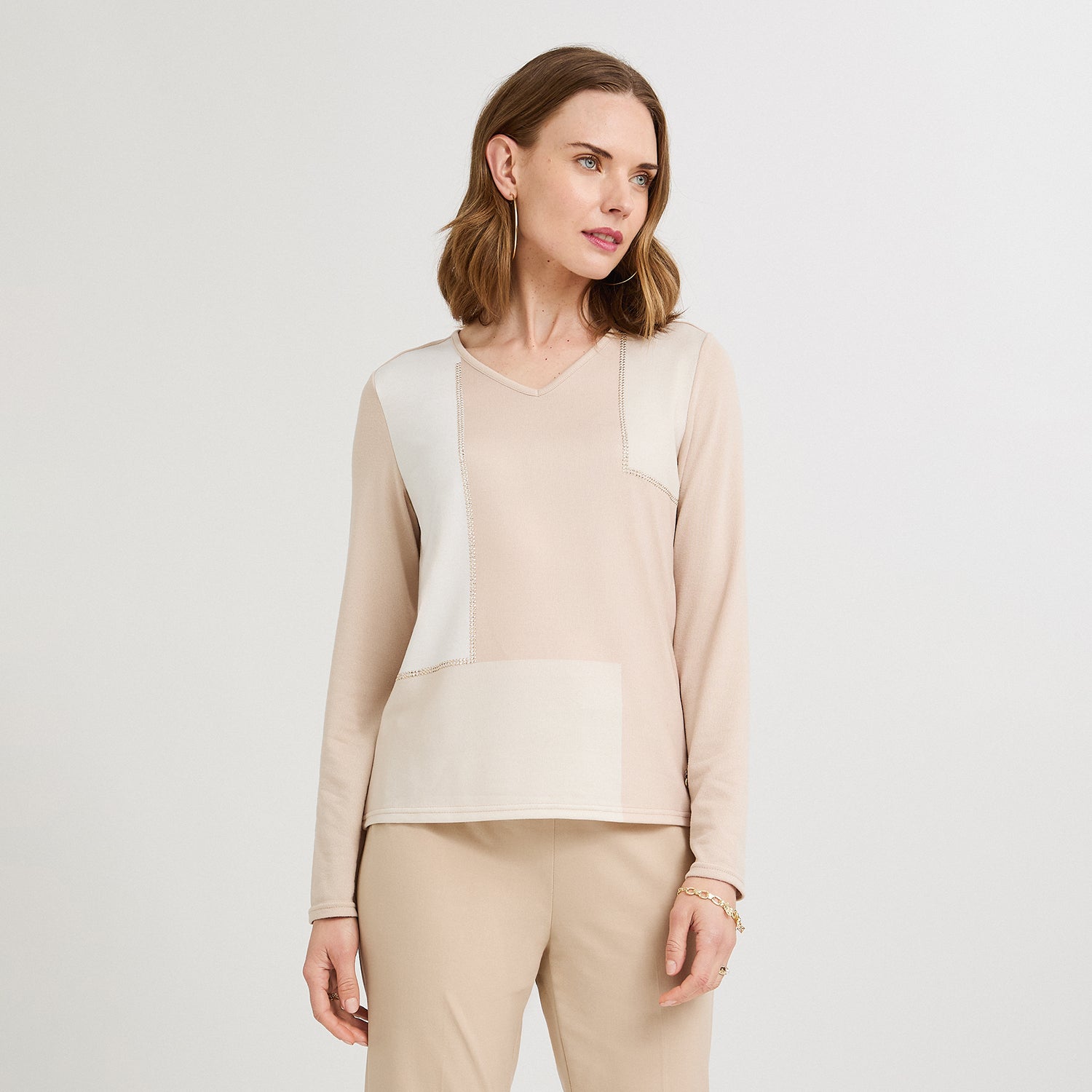Polera Lanilla Bloqus de Color con Strass Beige