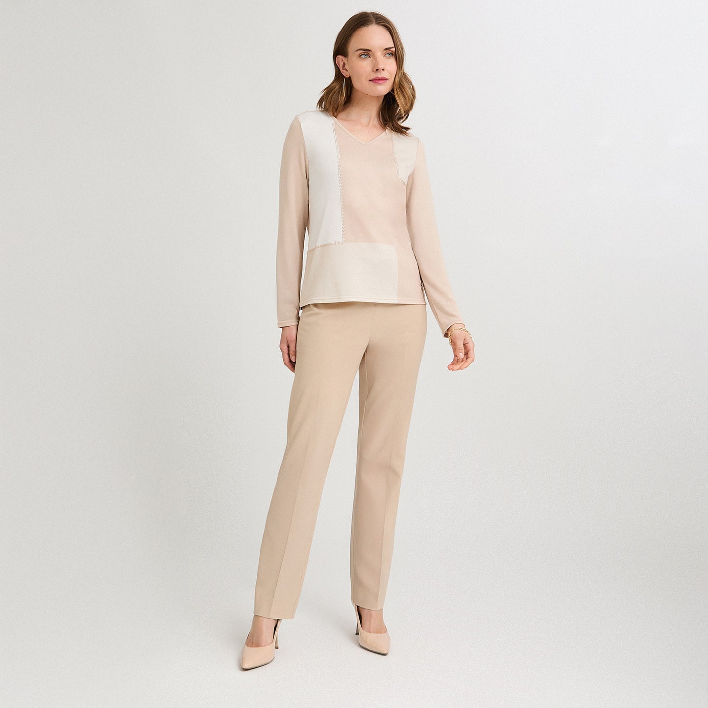 Polera Lanilla Bloqus de Color con Strass Beige