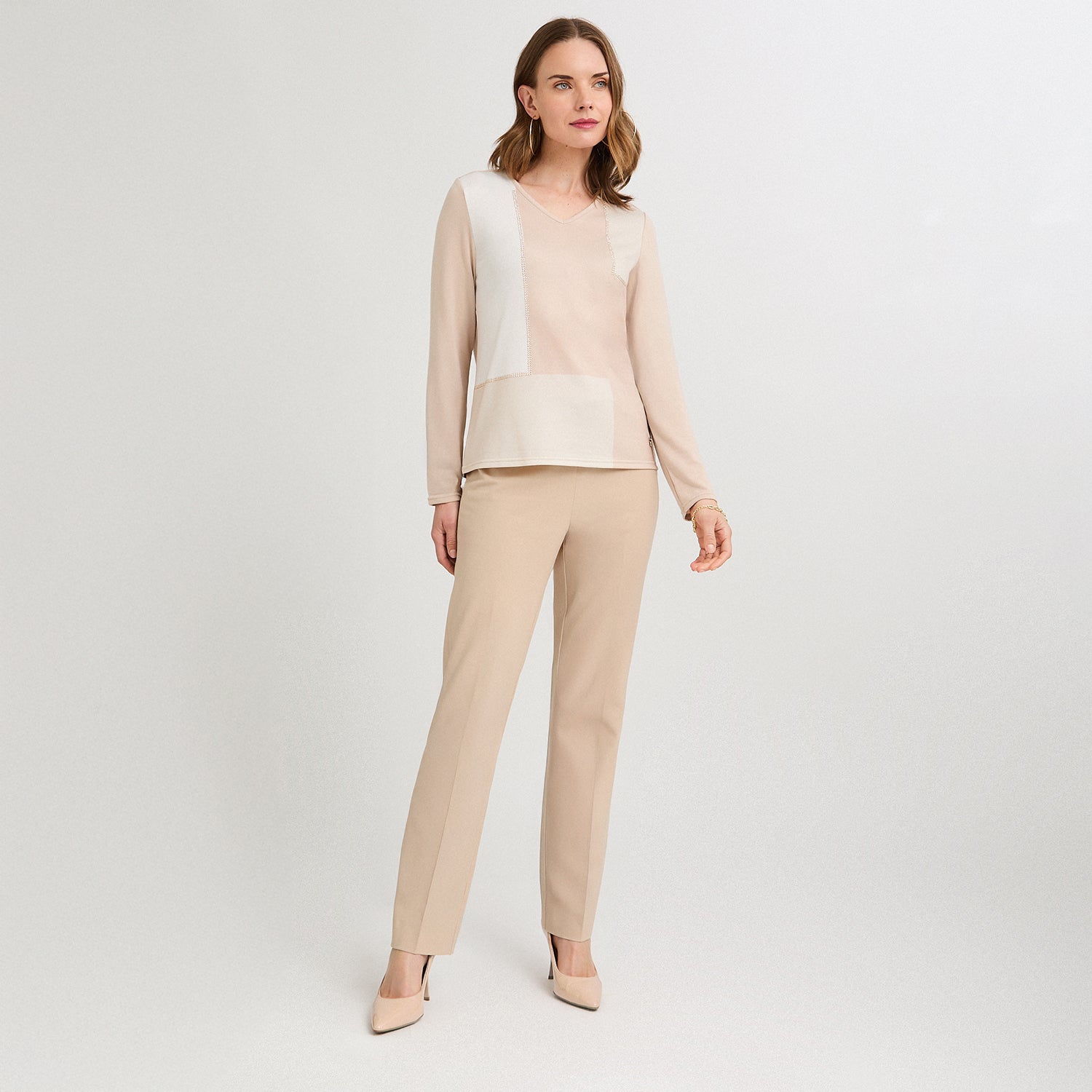 Polera Lanilla Bloqus de Color con Strass Beige