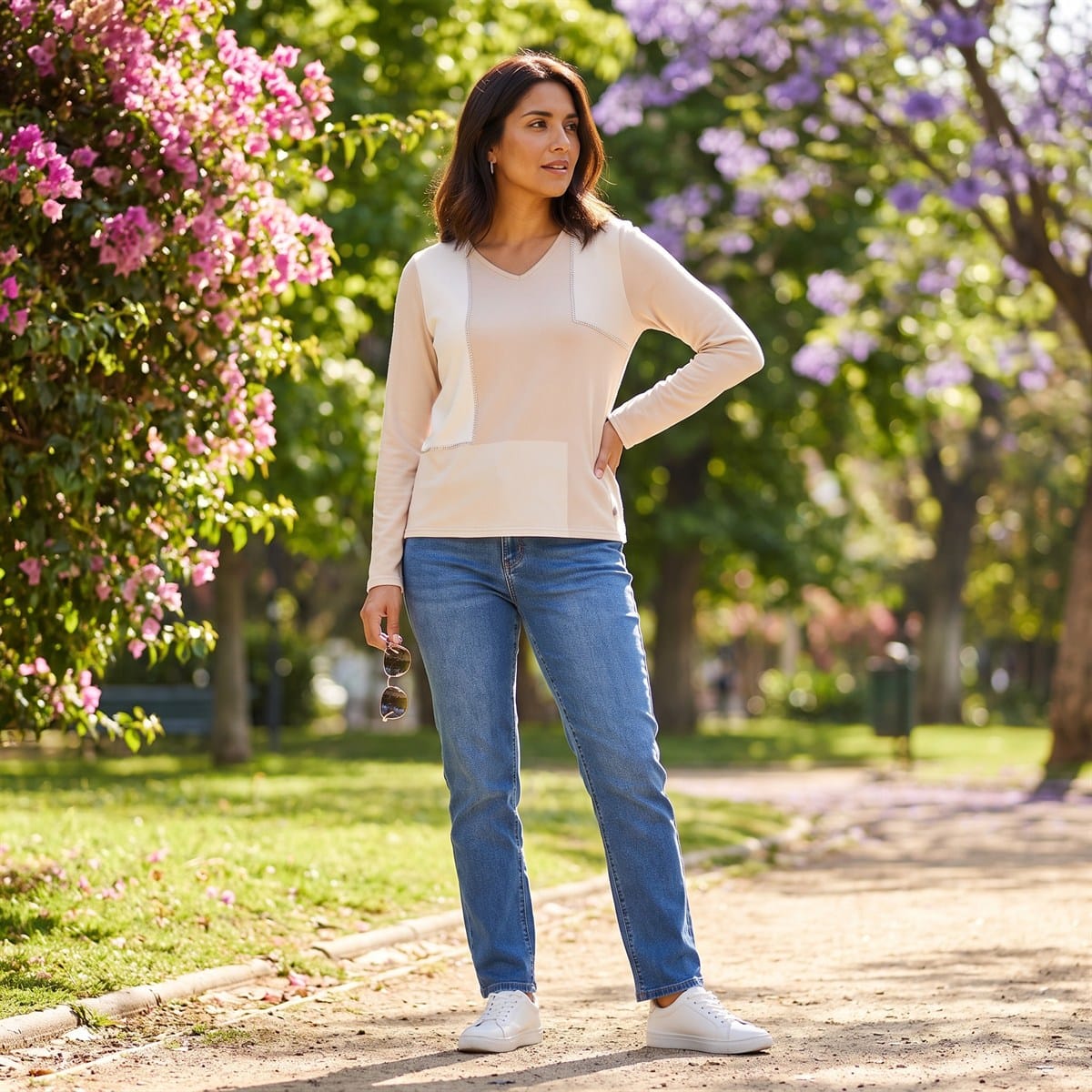 Polera Lanilla Bloques de Color con Strass Beige lifestyle