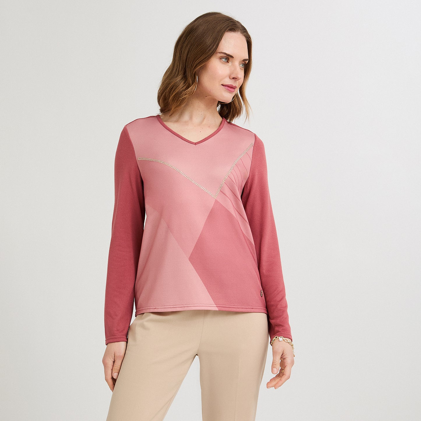 Polera Lanilla Bloqus de Color con Strass Rosado