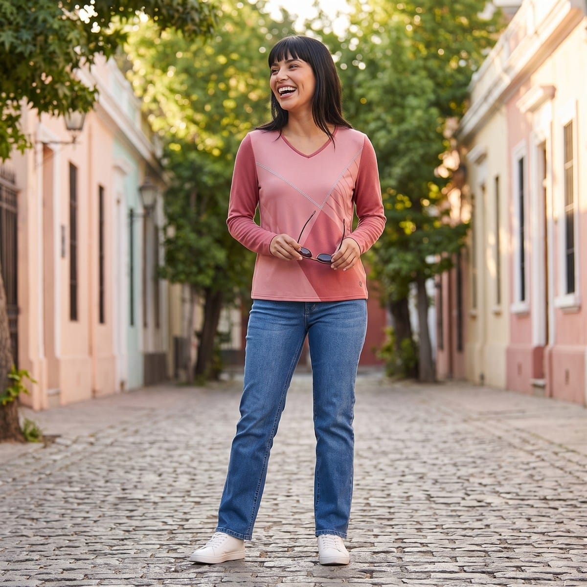 Polera Lanilla Bloques de Color con Strass Rosado lifestyle