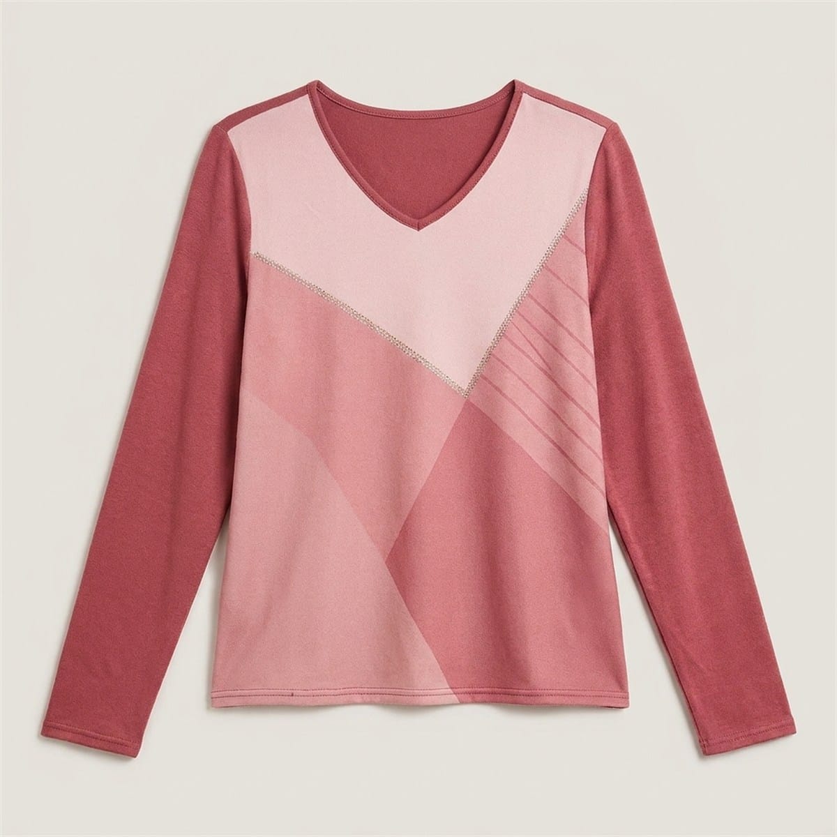 Polera Lanilla Bloques de Color con Strass Rosado en plano