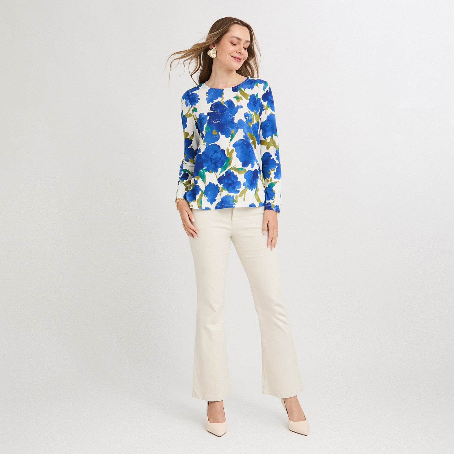 Polera Lanilla Estampada con Aplicación de Lentejuelas Azul