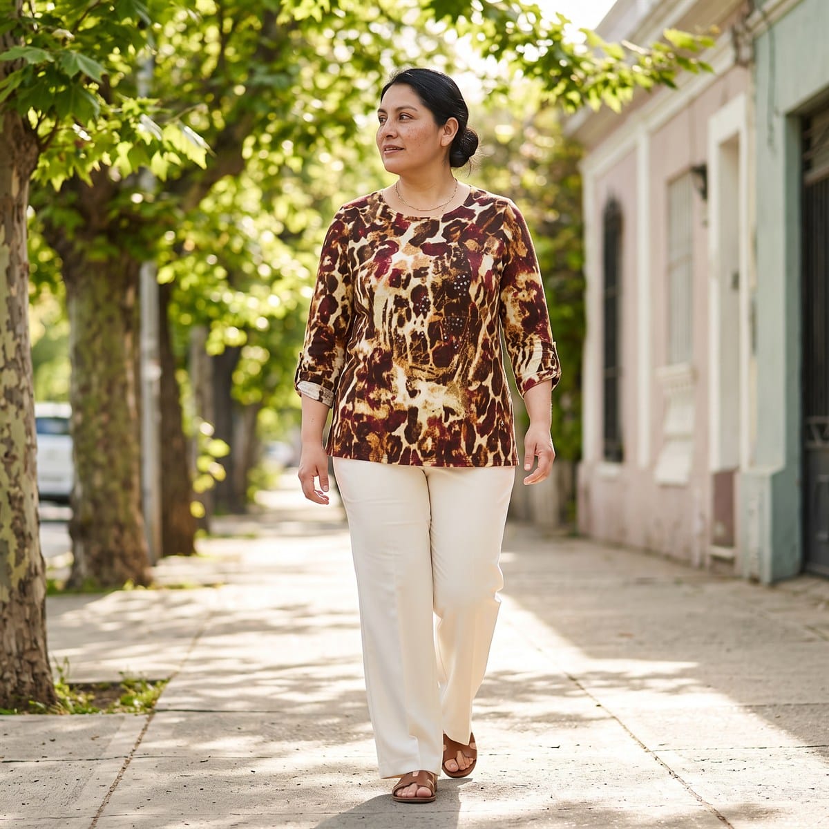 Polera Lanilla Estampada con Aplicación de Lentejuelas Café lifestyle