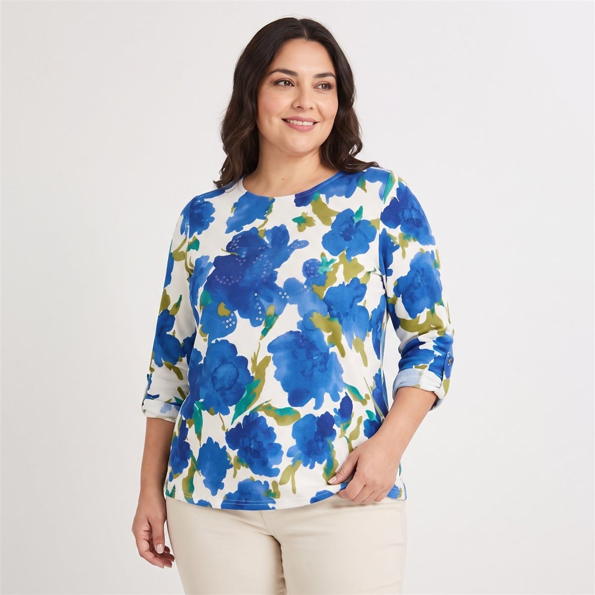 Polera Lanilla Estampada con Aplicación de Lentejuelas Azul en modelo plus size