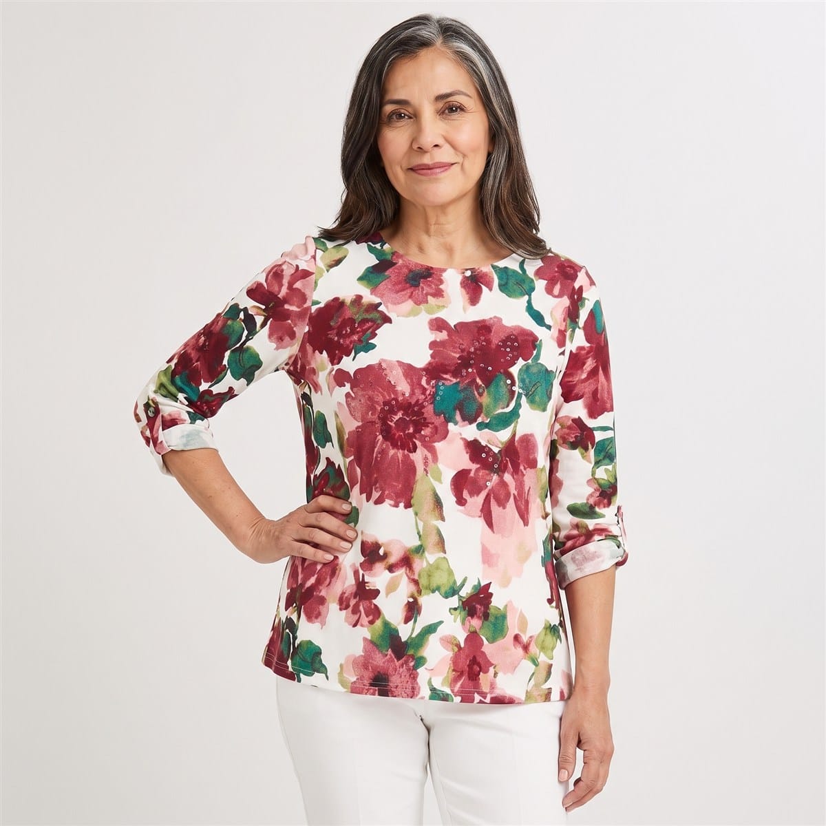 Polera Lanilla Estampada con Aplicación de Lentejuelas Rosado en modelo adulta