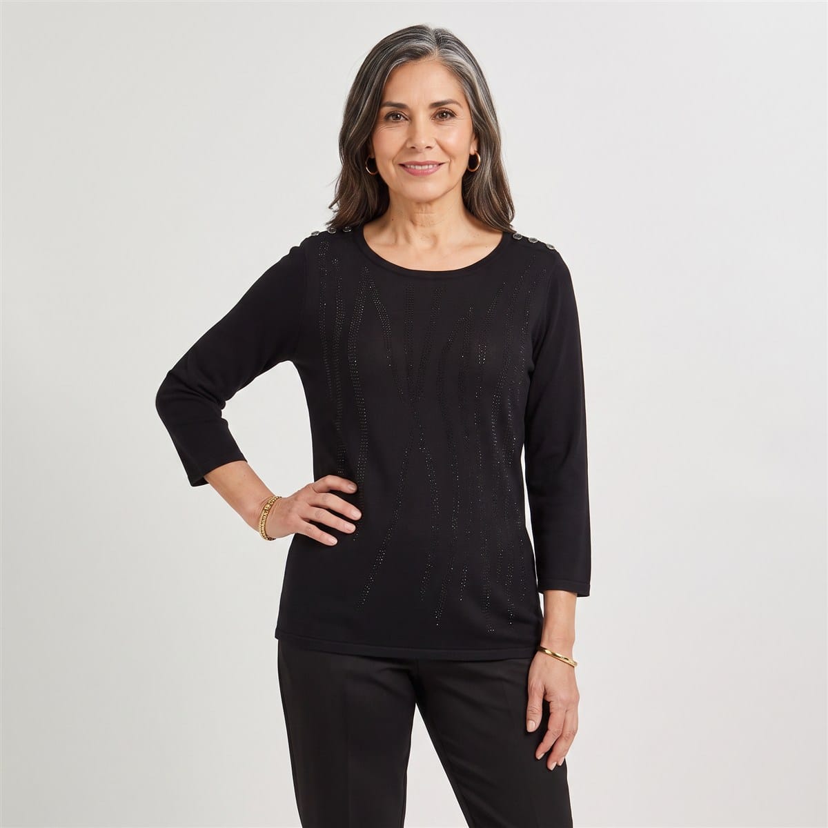 Polera Escote Redondo Manga 3/4 Negro en modelo adulta