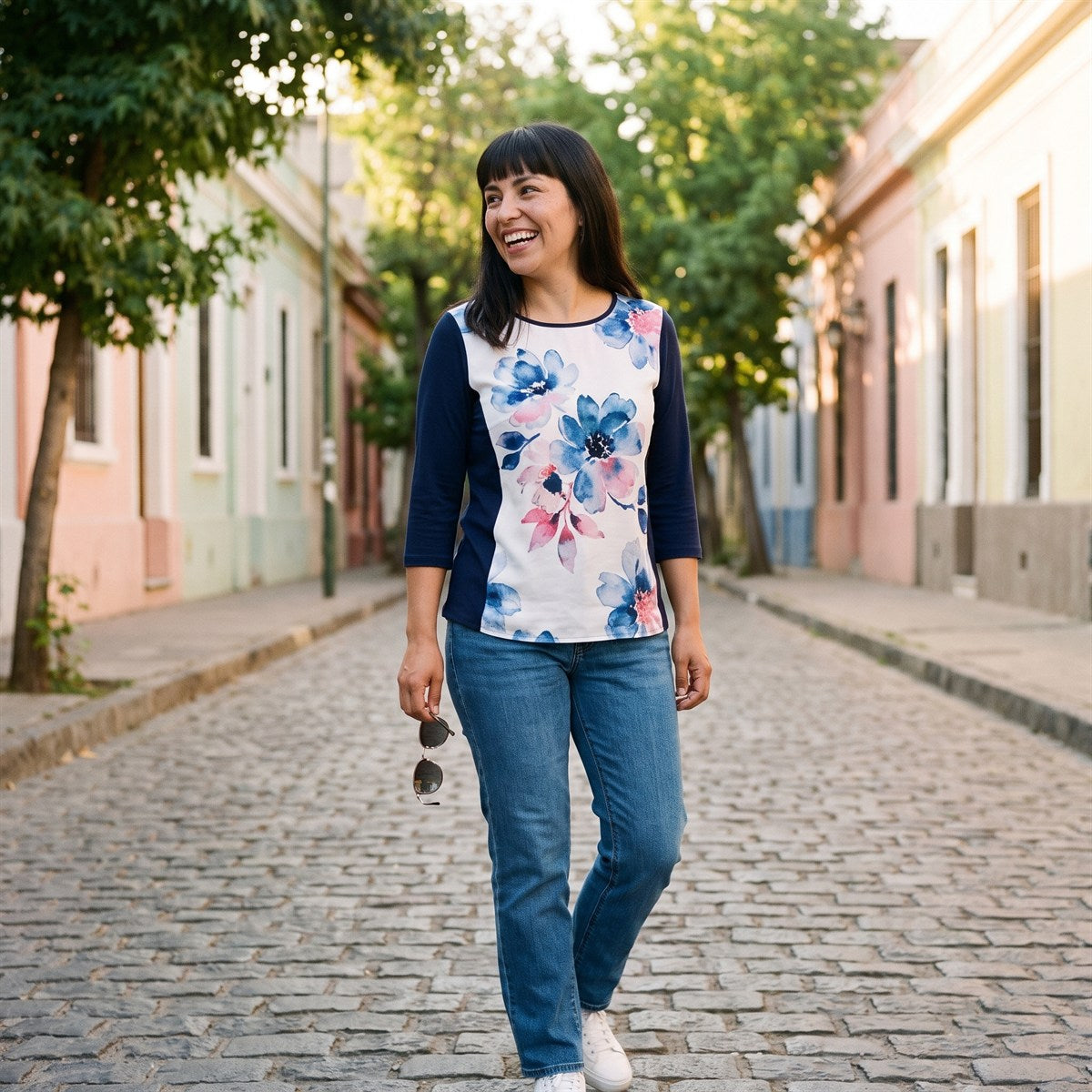 Polera Polyspandex Manga 3/4 Azul lifestyle