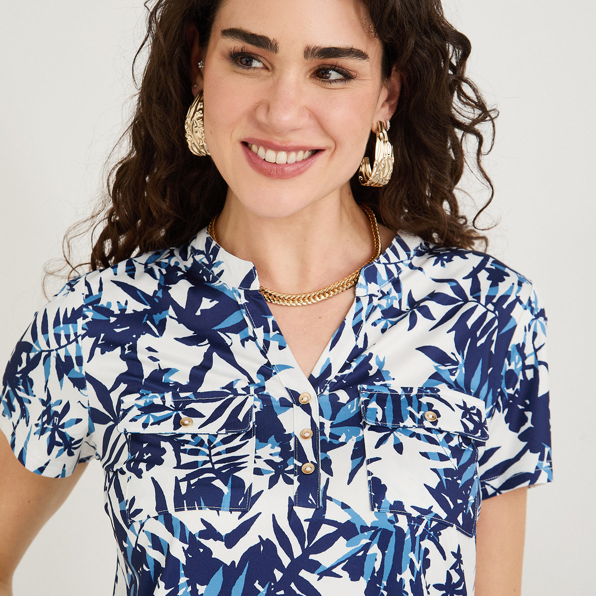 Polera Polyspandex Manga Corta Cuello Mao Estampada Azul