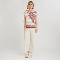 Polera Manga Corta con Estampado y Strass Beige