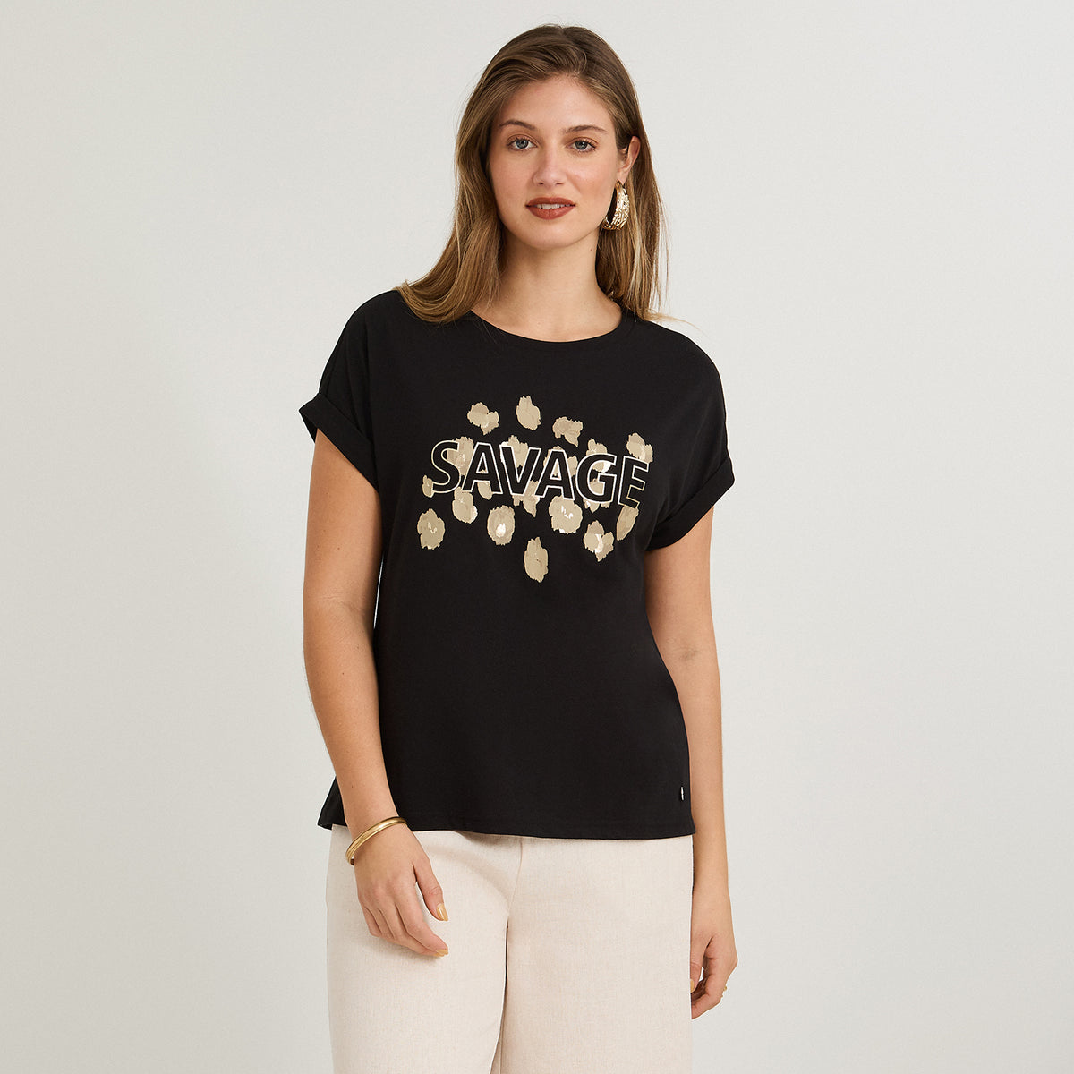 Polera Manga Corta Estampada Negro