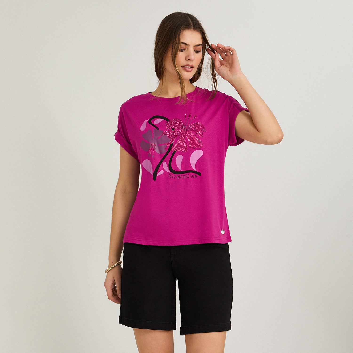 Polera Manga Corta Estampada Fucsia