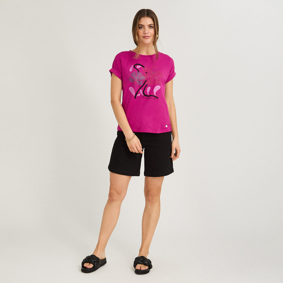 Polera Manga Corta Estampada Fucsia