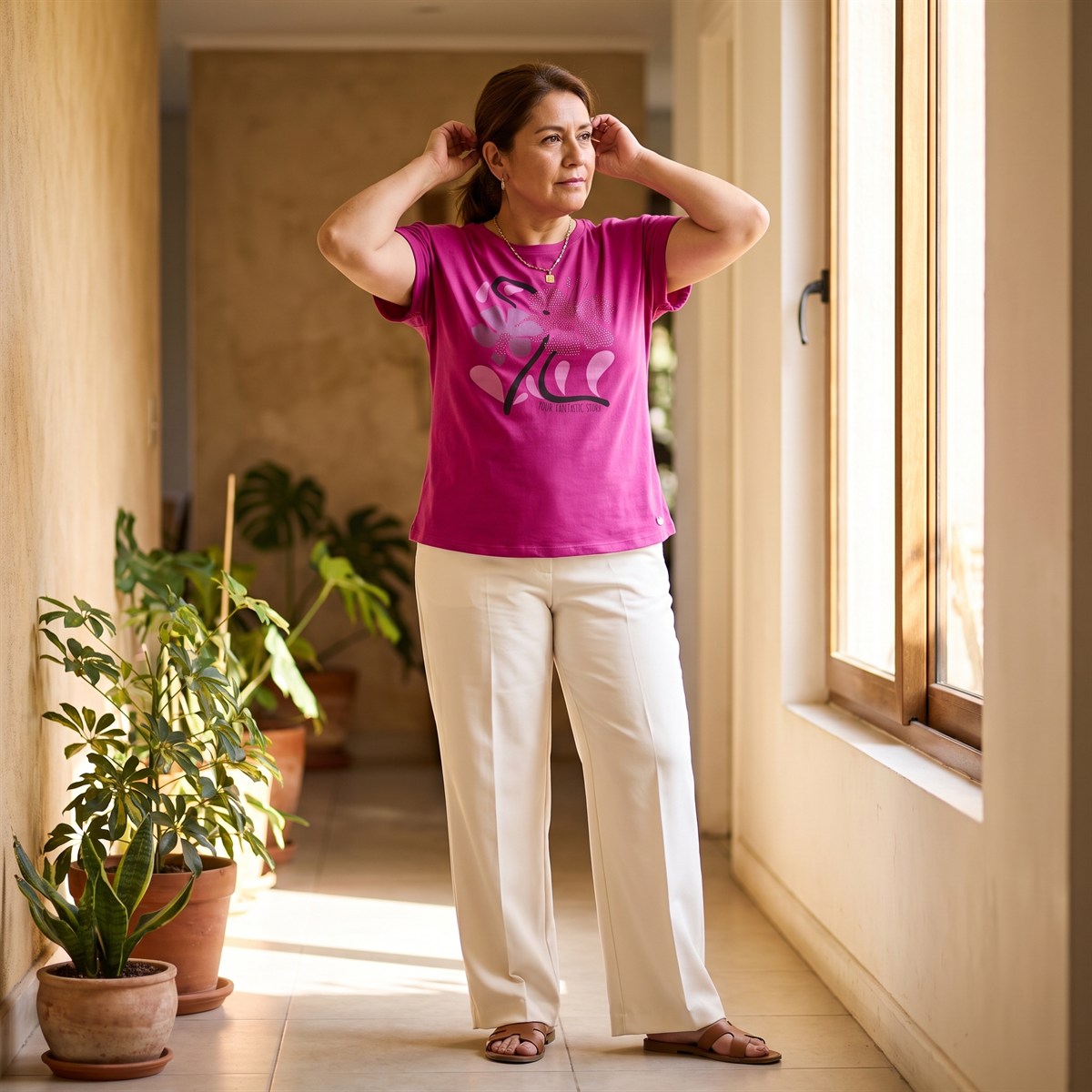Polera Manga Corta Estampada Fucsia lifestyle