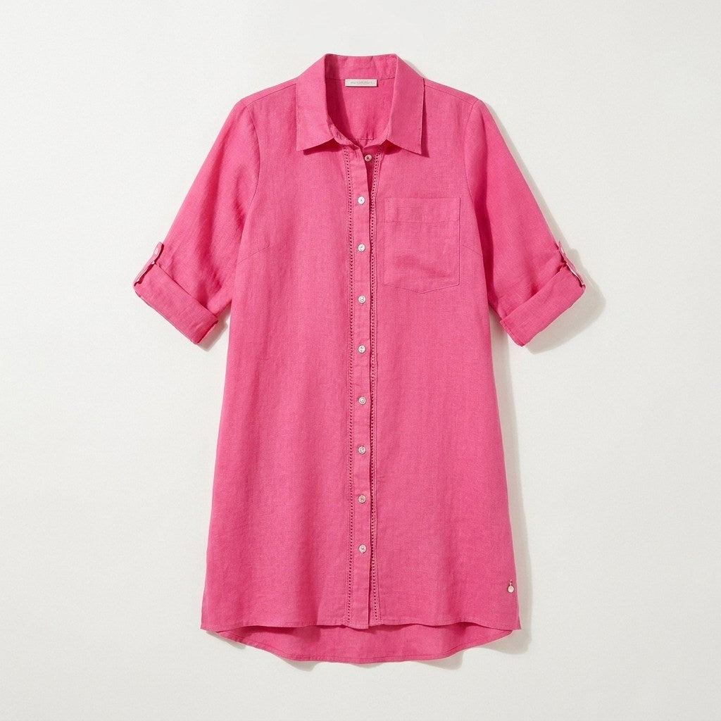 Tapado Lino Fucsia Cuello Camisero Bolsillos en plano