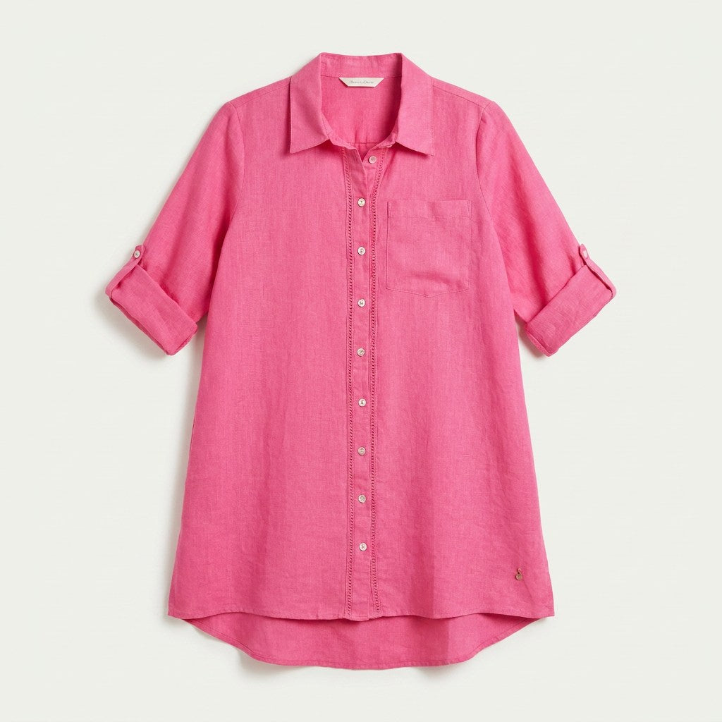 Tapado Lino Fucsia Cuello Camisero Bolsillos en plano