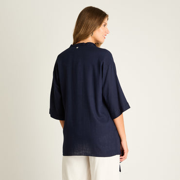 Tapado Azul Manga 3/4 No Elasticado Sin Forro Calce Holgado