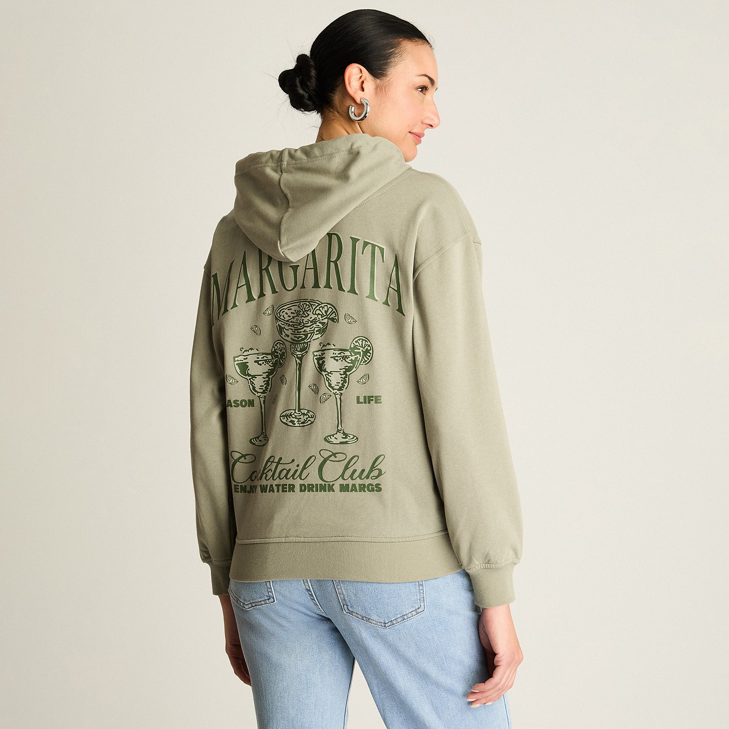 Polerón Algodón Oliva Cierre Frontal y Estampado Palm Club