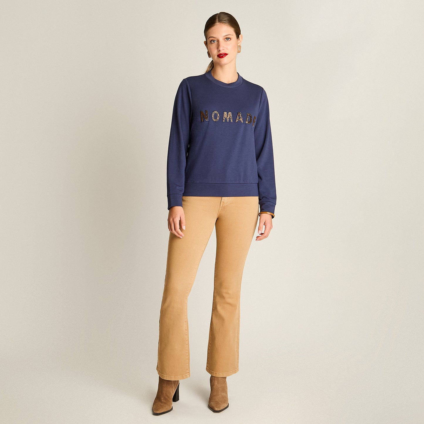 Poleron Algodon Azul Manga Larga Elasticidad Baja Sin Forro Calce Normal Tela Punto