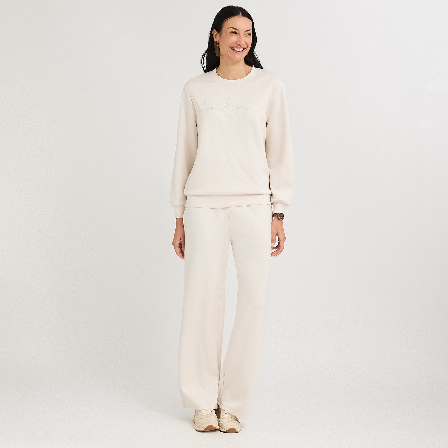 Polerón Algodón Escote Redondo Bordado Beige