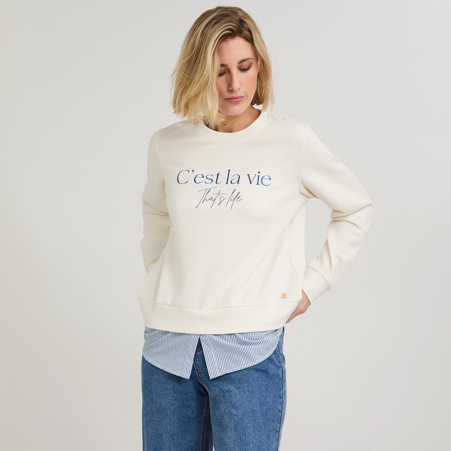 Polerón Algodón con Blusa Listada Crudo