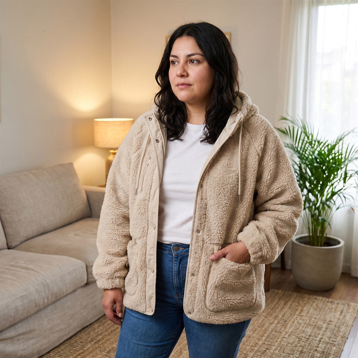 Polerón Sherpa Beige Con Capucha Y Bolsillos lifestyle